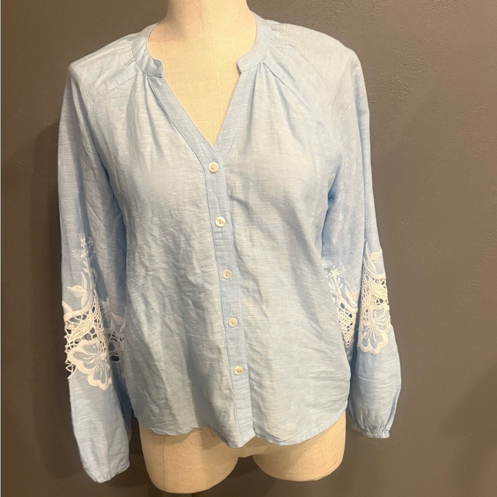 Charlies Sky Blue Blouse with White Lace Accents